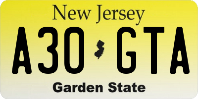NJ license plate A30GTA