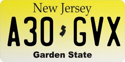 NJ license plate A30GVX