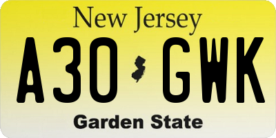 NJ license plate A30GWK