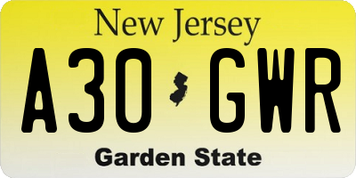 NJ license plate A30GWR