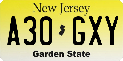 NJ license plate A30GXY