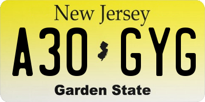 NJ license plate A30GYG