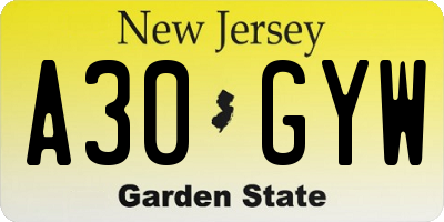 NJ license plate A30GYW
