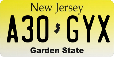 NJ license plate A30GYX