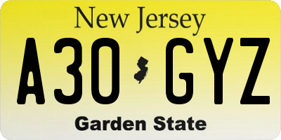NJ license plate A30GYZ