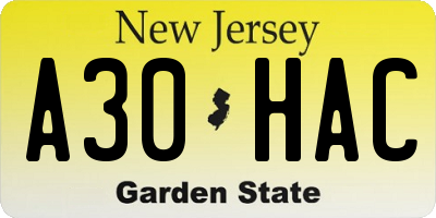 NJ license plate A30HAC
