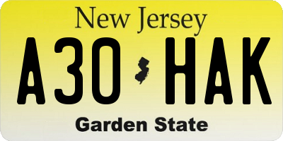 NJ license plate A30HAK