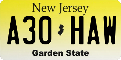 NJ license plate A30HAW