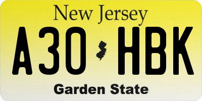 NJ license plate A30HBK