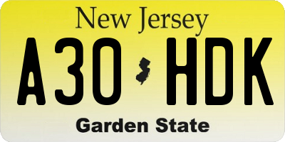 NJ license plate A30HDK