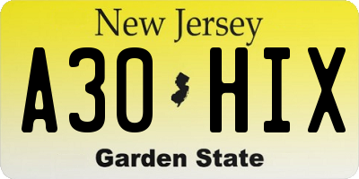 NJ license plate A30HIX