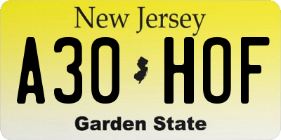 NJ license plate A30HOF