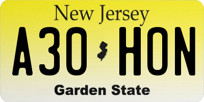 NJ license plate A30HON