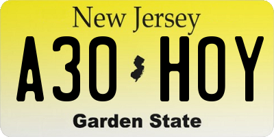 NJ license plate A30HOY