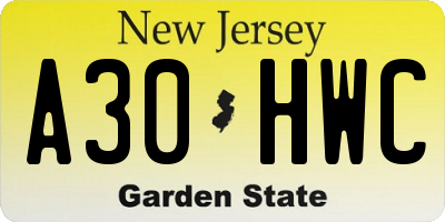 NJ license plate A30HWC