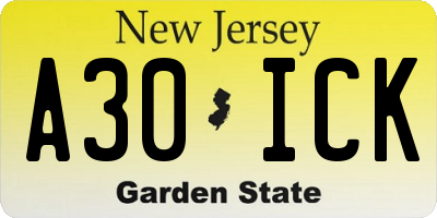 NJ license plate A30ICK
