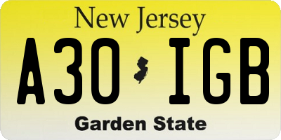 NJ license plate A30IGB