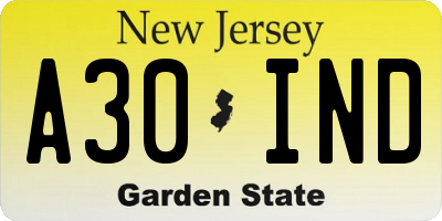 NJ license plate A30IND