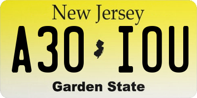 NJ license plate A30IOU