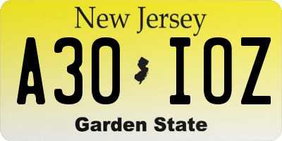 NJ license plate A30IOZ
