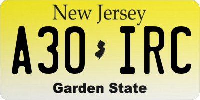 NJ license plate A30IRC