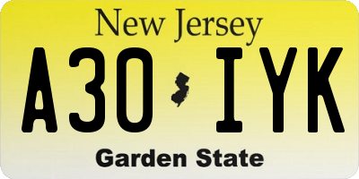 NJ license plate A30IYK