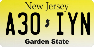 NJ license plate A30IYN