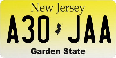 NJ license plate A30JAA