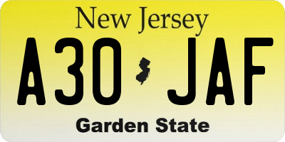 NJ license plate A30JAF