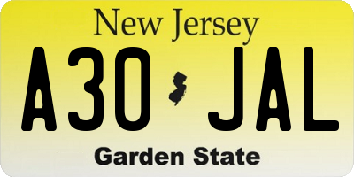 NJ license plate A30JAL