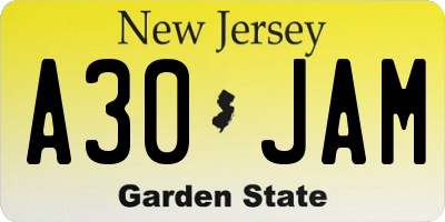 NJ license plate A30JAM
