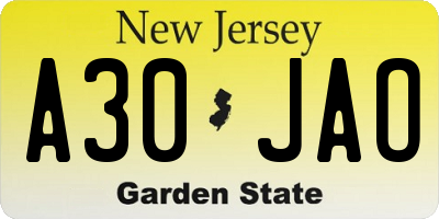 NJ license plate A30JAO