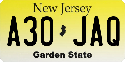 NJ license plate A30JAQ
