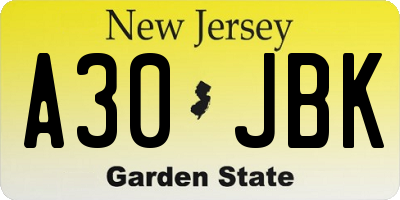 NJ license plate A30JBK