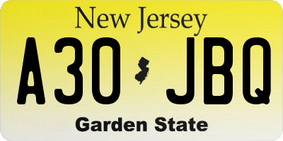 NJ license plate A30JBQ
