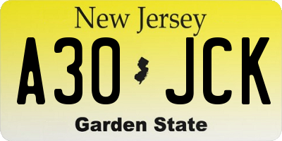 NJ license plate A30JCK