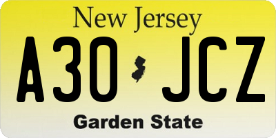 NJ license plate A30JCZ