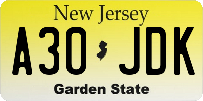 NJ license plate A30JDK