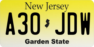 NJ license plate A30JDW