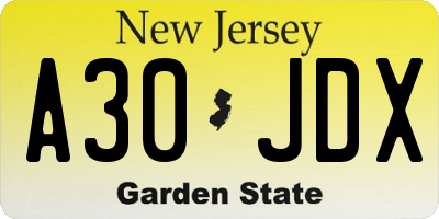 NJ license plate A30JDX