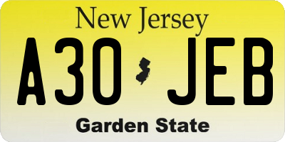 NJ license plate A30JEB