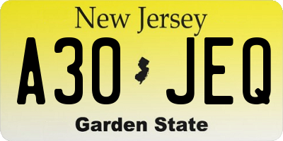 NJ license plate A30JEQ