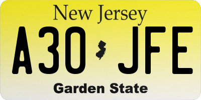 NJ license plate A30JFE