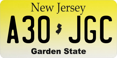 NJ license plate A30JGC
