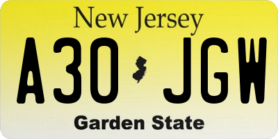 NJ license plate A30JGW