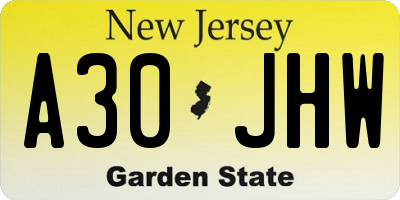 NJ license plate A30JHW