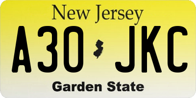 NJ license plate A30JKC