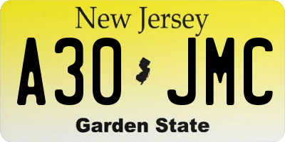 NJ license plate A30JMC