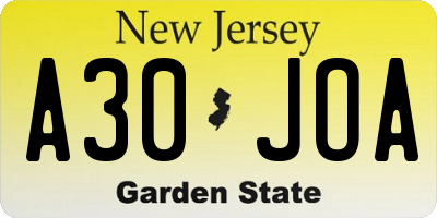 NJ license plate A30JOA