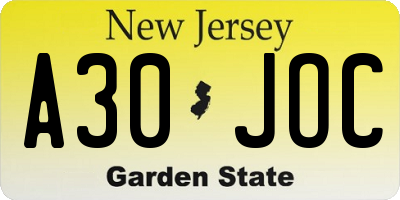 NJ license plate A30JOC